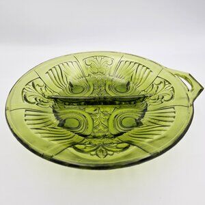 Vintage Indiana Glass Green Divided Round Relish, Olive/Pickle Dish